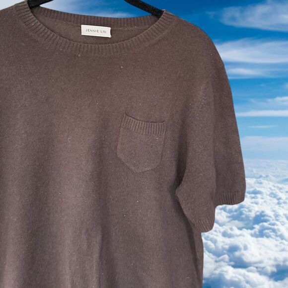 Jennie Liu Sweater Large Womens 100% CASMERE Soft Pullover Short Sleeve Brown - Picture 2 of 5